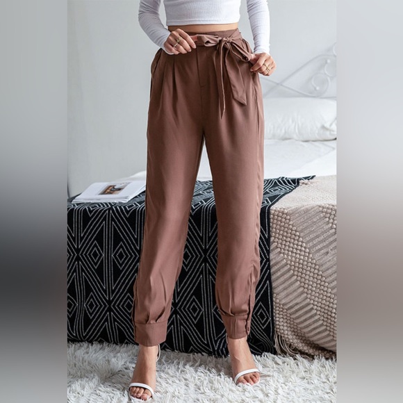 NWT Ankle Length Tie Waist Button Cuff Pants - Picture 1 of 4